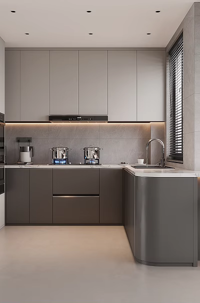 Modern Gray Kitchen Interior With Sleek Cabinets Island Counter Appliances Window And Bar Stools 3d model