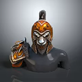 Ancient Warrior Helmet And Shoulder Armor With Orange Accents And Lion Head Decor