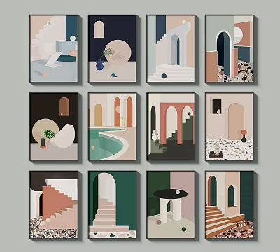 Modern Abstract Wall Art Prints Featuring Arches Staircases Geometric Shapes And Soft Tones 3d model