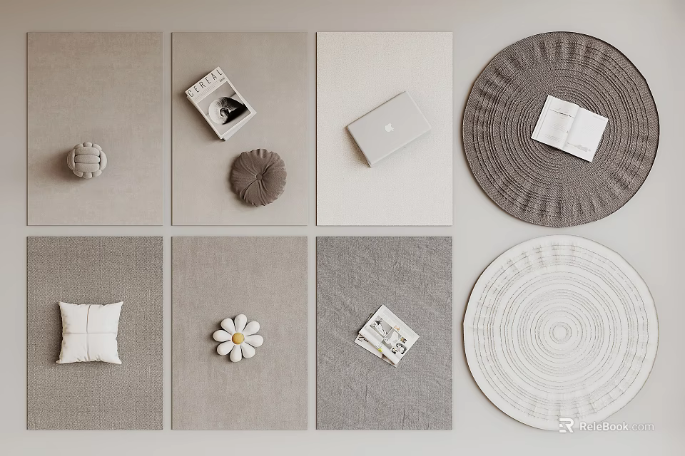 Square Rugs Featuring Stylish Decor Like Cushions And Magazines 3d model