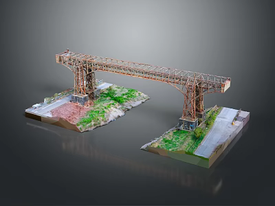 Scale Steel Bridge Model Structure With Concrete Piers And Grass Covered Platforms 3d model