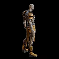 Muscular Warrior Character and Creature in Ornate Golden Silver Armor Standing Against Black Background