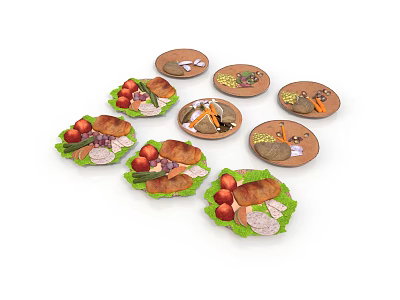 Assorted Delicious Food On Round Plates With Meat Vegetables And Fruits 3d model