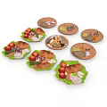 Assorted Delicious Food On Round Plates With Meat Vegetables And Fruits