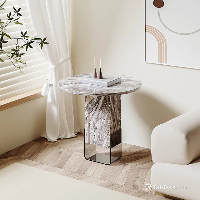 Modern Marble Side Table in Living Room with Sofa Wooden Floor Plant Curtain 3d model 