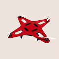 Red Drone Flying in Blue Sky With Four Propellers and Blue Bottom Parts