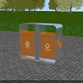 Outdoor Road Facility Trash Bin With Orange Silver Design And Recycling Symbols