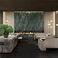 Elegant Hotel Lobby Interior Featuring White Reception Desk Brown Geometric Wall Wooden Ceiling And Greenery
