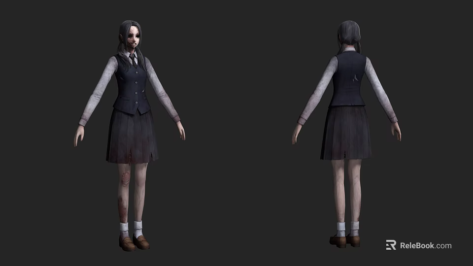 Game Film Character With Bloodstained School Uniform Pale Face And Pigtails Front Back View 3d model 