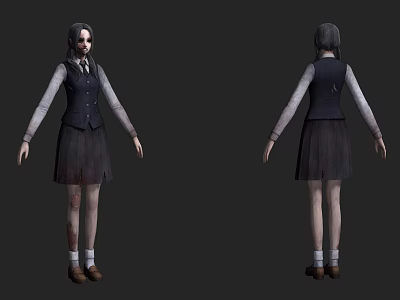 Game Film Character With Bloodstained School Uniform Pale Face And Pigtails Front Back View 3d model