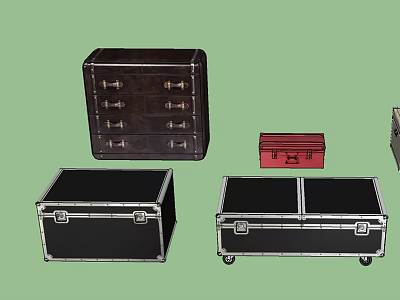 Various Storage Boxes Including Wooden Drawer Chests Metal Lock Cases And Wheeled Containers 3d model