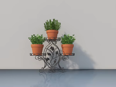 Potted Bonsai Plants On Black Iron Art Flower Stand With Terracotta Pots And Green Foliage 3d model