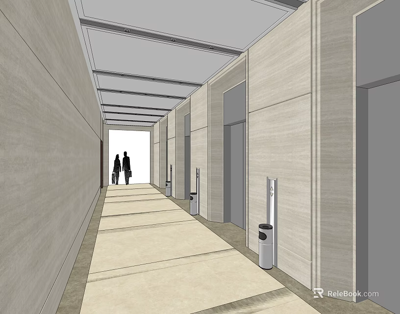 Modern Elevator Hallway Interior With Light Colored Walls Floor Tiles And Ceiling Design 3d model