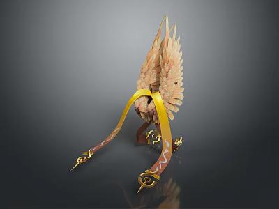Ornate Winged Weapon With Golden Brown Decorative Straps And Spikes In Metallic Texture 3d model