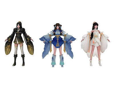 Elegant Fantasy Game and Movie Characters With Black Blue White Outfits and Flowing Sleeves 3d model