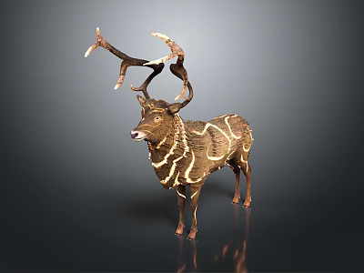 Decorative Deer Sculpture With Intricate Antlers And Striped Wooden Design 3d model