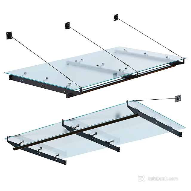 Sturdy Glass Canopy Structure With Transparent Panels And Metal Mounting Brackets 3d model 