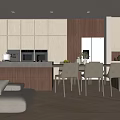 Modern Open Concept Dining Living Room With Wooden Cabinets Sofa And Dining Chairs