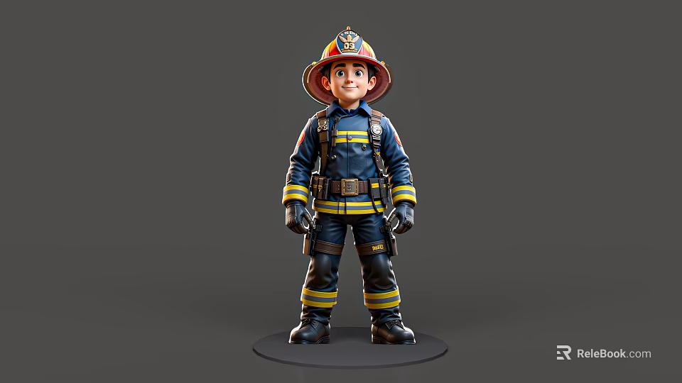 3D Render of Firefighter Man Wearing Blue Uniform With Yellow Stripes And Gear 3d model 