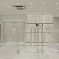 Modern Clothing Store With White Clothes Racks Mannequins Glass Partitions Marble Floor And Pendant Lights