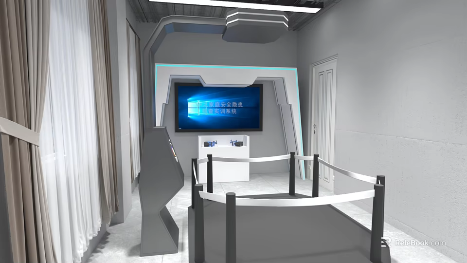 Modern Tech Commercial Equipment Display Area With Large Screen White Display Stand And Black Guardrail 3d model 
