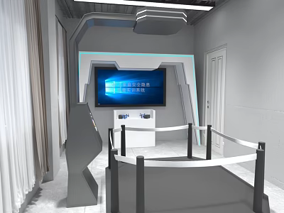 Modern Tech Commercial Equipment Display Area With Large Screen White Display Stand And Black Guardrail 3d model
