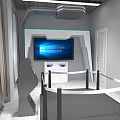 Modern Tech Commercial Equipment Display Area With Large Screen White Display Stand And Black Guardrail