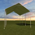Green Outdoor Canopy with White Metal Frame on Grass Field Under Sunset Sky 3d model