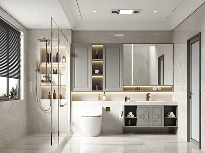 Modern Bathroom Interior Design With Glass Shower Enclosure Marble Walls And Vanity Mirror 3d model