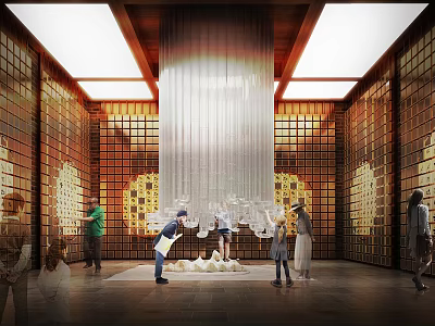 Artistic Cultural Center Interior With Transparent Hanging Installation Patterned Walls And Visitors 3d model