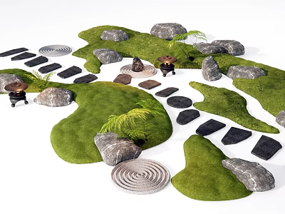 Micro Landscape Design With Green Patches Stones Stepping Paths Ferns And Decorative Elements 3d model