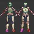 Two Futuristic Armored Female Characters in White and Dark Armor with Helmets Standing