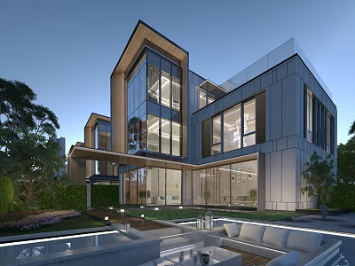 Modern Detached Villa Design With Large Glass Windows Terrace And Landscaping 3d model
