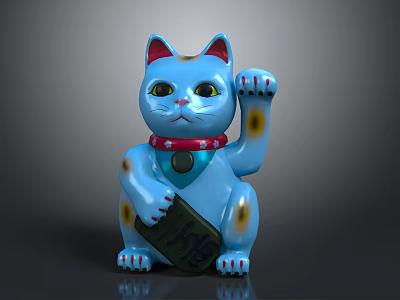Lucky Cat Decorative Figurine Set in Blue with Red Collar Holding Fortune Sign 3d model