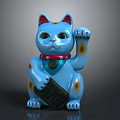 Lucky Cat Decorative Figurine Set in Blue with Red Collar Holding Fortune Sign