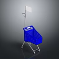 Blue Shopping Cart With Display Sign And Metal Frame On Wheels