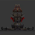 Ornate Ancient Stone Tower With Flame Decorations Square Platform Steps And Statues
