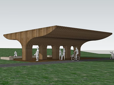 Wooden Pergola with Curved Roof in Green Lawn Area for People Gathering 3d model