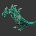 Three Headed Green Dragon Toy Figure With White Horns And Red Eyes