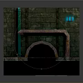 Vintage Industrial Scene Structure With Stone Wall Copper Pipes Archway And Blue Window