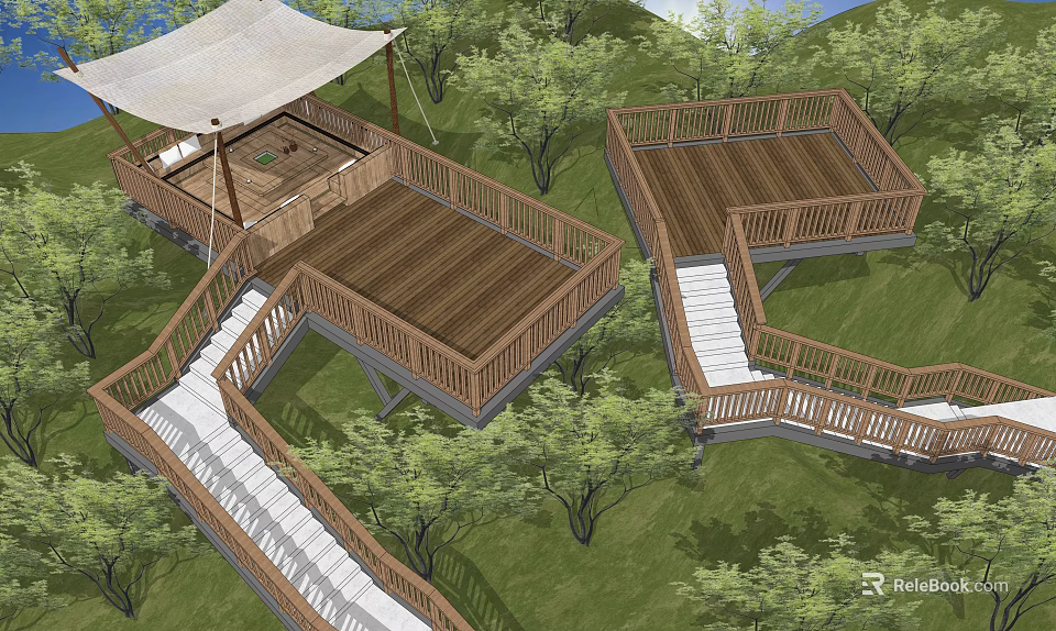 Scenic Park Landscape With Wooden Decks Canopy Stairs Green Trees And Grass 3d model 