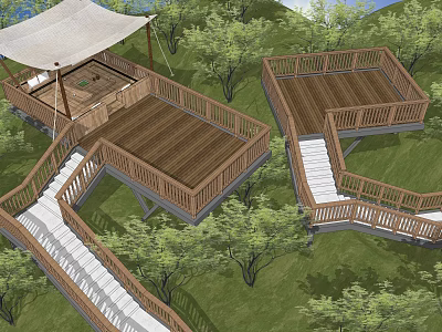 Scenic Park Landscape With Wooden Decks Canopy Stairs Green Trees And Grass 3d model