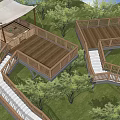 Scenic Park Landscape With Wooden Decks Canopy Stairs Green Trees And Grass