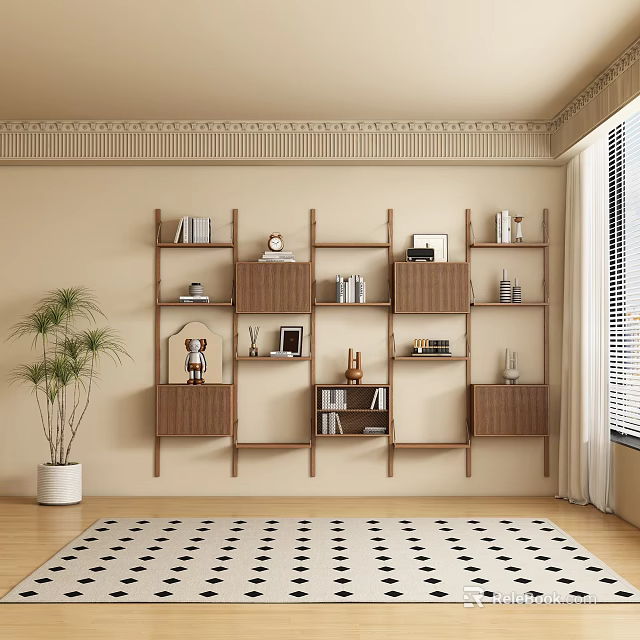 Beige Background Wall With Wooden Shelves Books Decorative Items Ceiling Molding And Potted Plant 3d model 