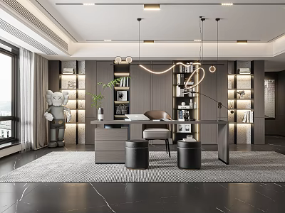 Modern Study Room Interior With Bookshelves Desk Chair Large Window Potted Plant And Hanging Lights 3d model