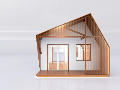 Modern Wooden House With Sloped Roof Wood Slats Glass Door Window And Platform 3d model