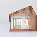 Modern Wooden House With Sloped Roof Wood Slats Glass Door Window And Platform