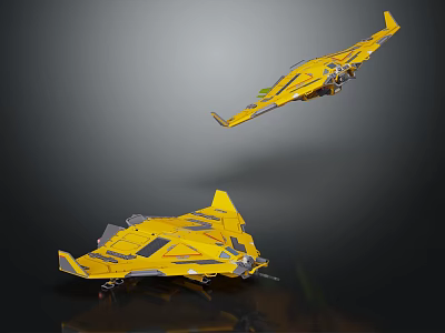 Two Yellow Cosmic Spacecraft Flying In Aerospace With Modern Sleek Design 3d model