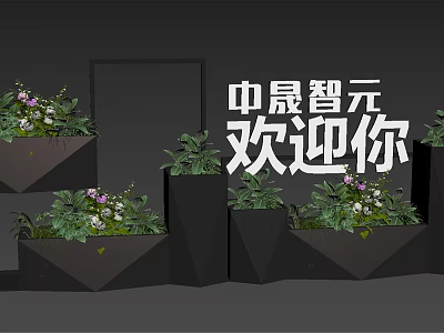 Black Geometric Planters With Green Plants And Welcome Sign Arrangement 3d model