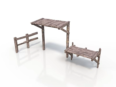 Natural Rustic Wooden Outdoor Furniture Including Table Bench And Fence 3d model